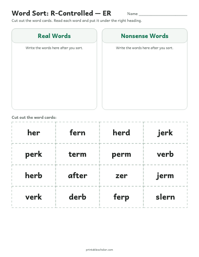R-Controlled — ER word sort printable preview