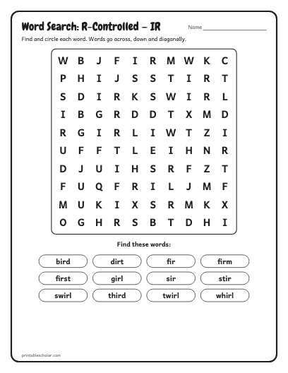 R-Controlled — IR word search printable preview