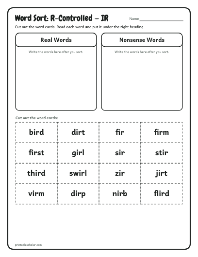 R-Controlled — IR word sort printable preview