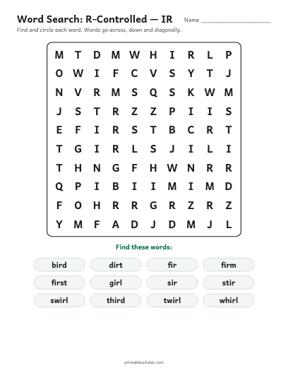 R-Controlled — IR word search printable preview