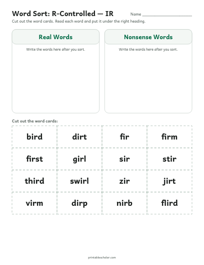 R-Controlled — IR word sort printable preview