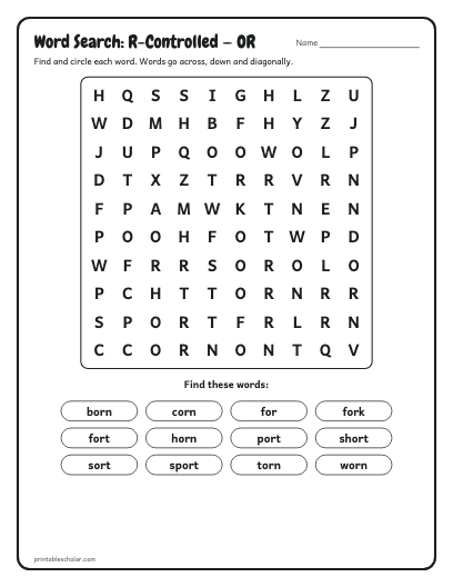 R-Controlled — OR word search printable preview