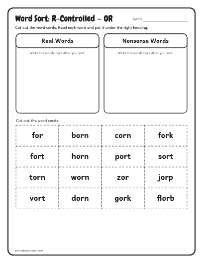 R-Controlled — OR word sort printable preview