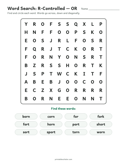 R-Controlled — OR word search printable preview