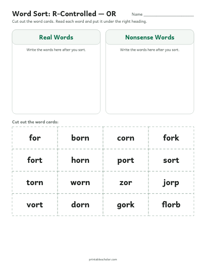 R-Controlled — OR word sort printable preview