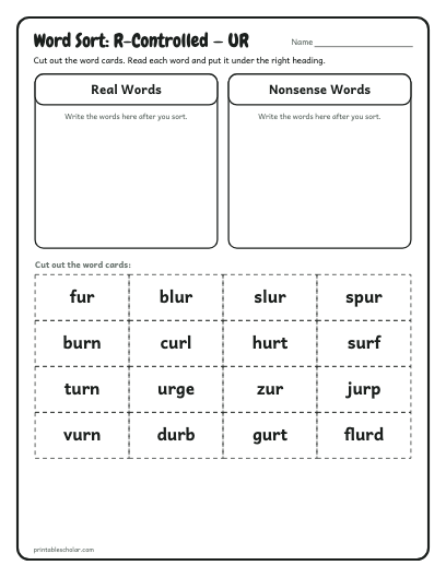 R-Controlled — UR word sort printable preview