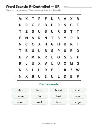 R-Controlled — UR word search printable preview