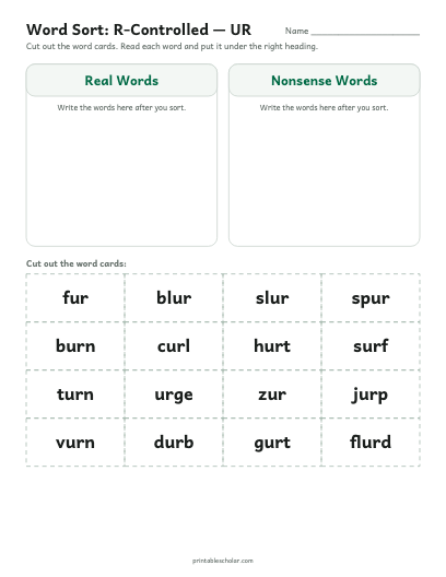 R-Controlled — UR word sort printable preview