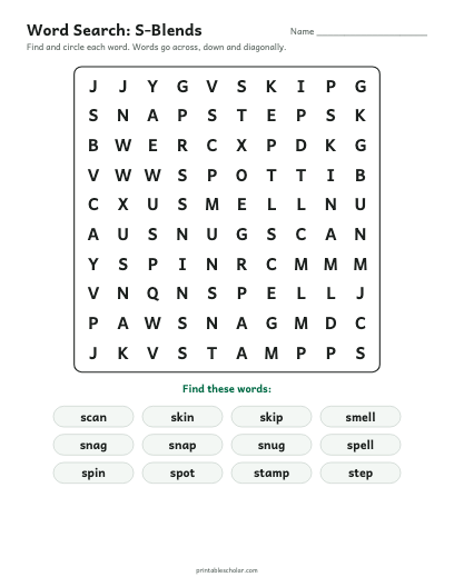 S-Blends word search printable preview