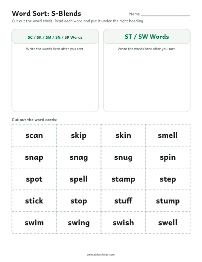 S-Blends word sort printable preview