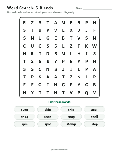 S-Blends word search printable preview