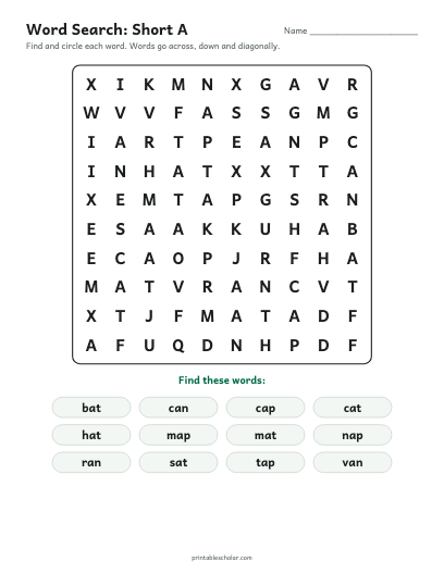 Short A word search printable preview
