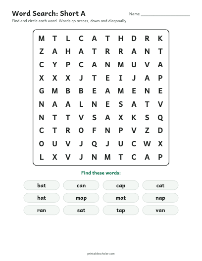 Short A word search printable preview