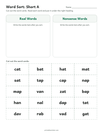 Short A word sort printable preview