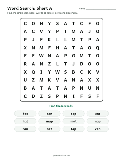 Short A word search printable preview