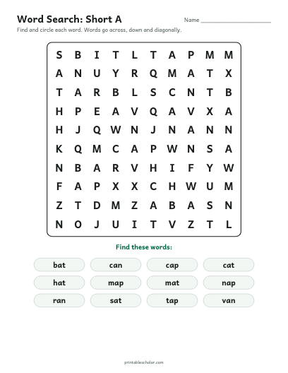 Short A word search printable preview