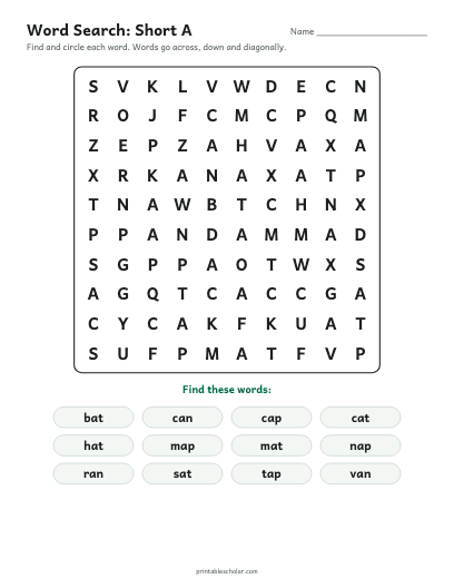 Short A word search printable preview