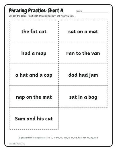 Short A phrasing cards printable preview