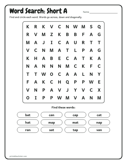 Short A word search printable preview
