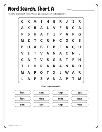 Short A word search printable preview