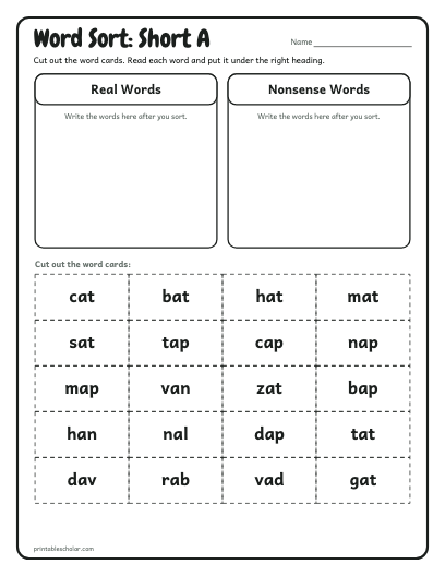 Short A word sort printable preview