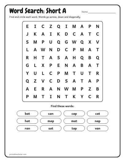 Short A word search printable preview