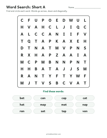 Short A word search printable preview