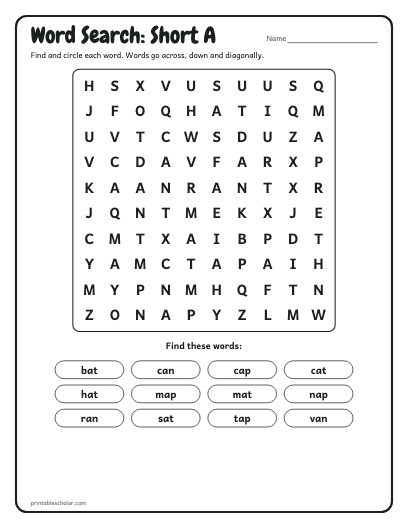 Short A word search printable preview