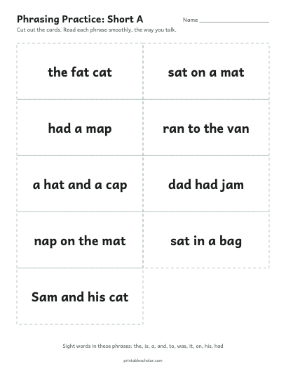 Short A phrasing cards printable preview