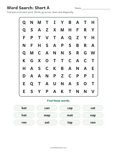 Short A word search printable preview