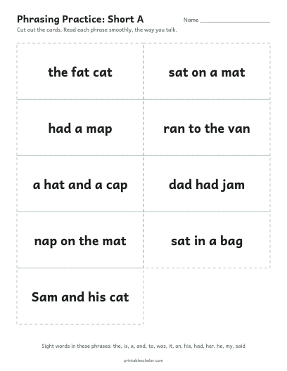 Short A phrasing cards printable preview