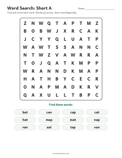 Short A word search printable preview