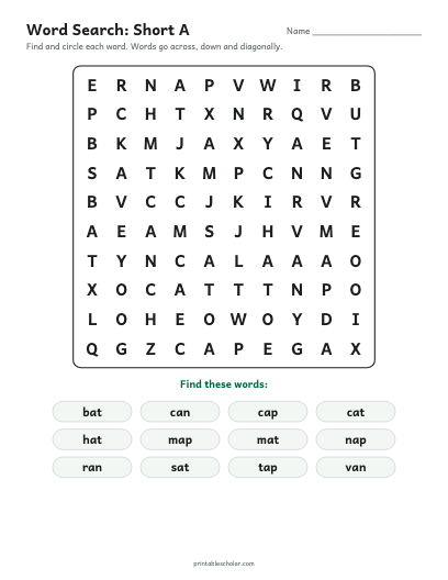 Short A word search printable preview