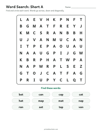 Short A word search printable preview