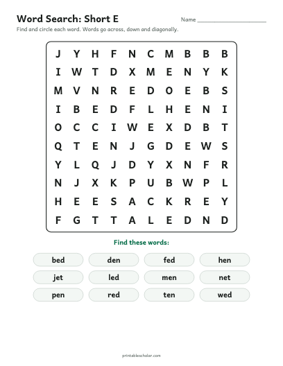 Short E word search printable preview