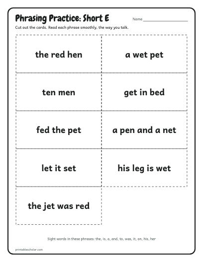 Short E phrasing cards printable preview