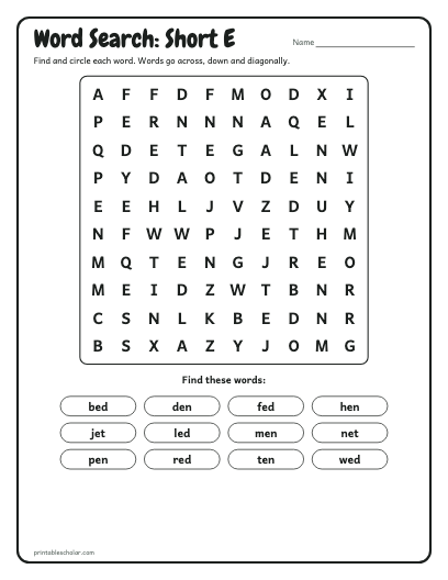 Short E word search printable preview