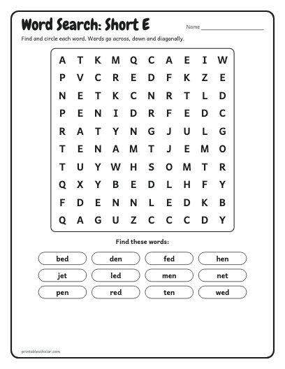 Short E word search printable preview