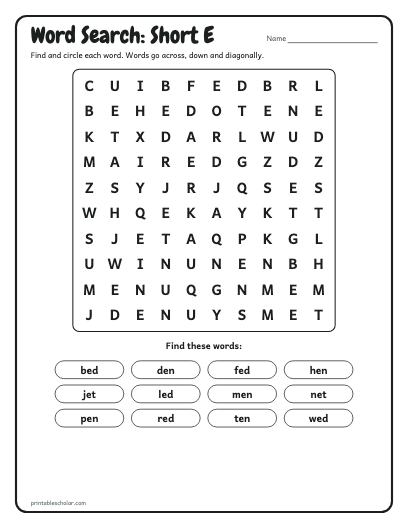 Short E word search printable preview