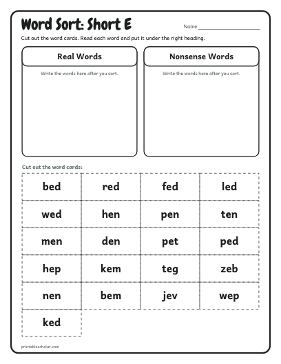 Short E word sort printable preview