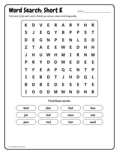 Short E word search printable preview
