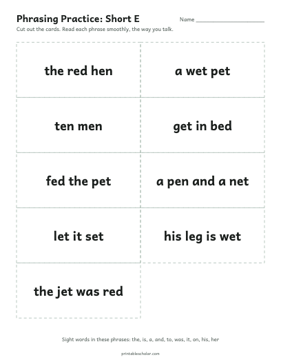 Short E phrasing cards printable preview