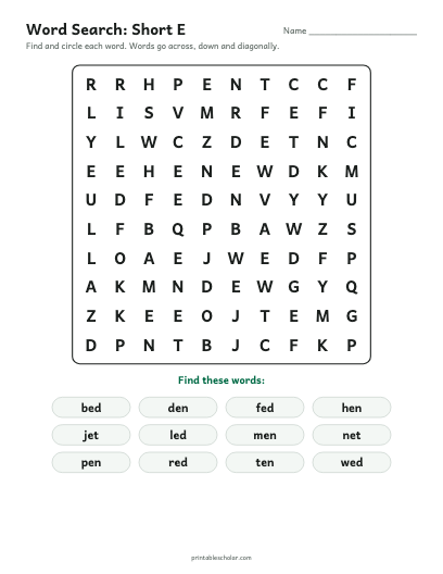 Short E word search printable preview
