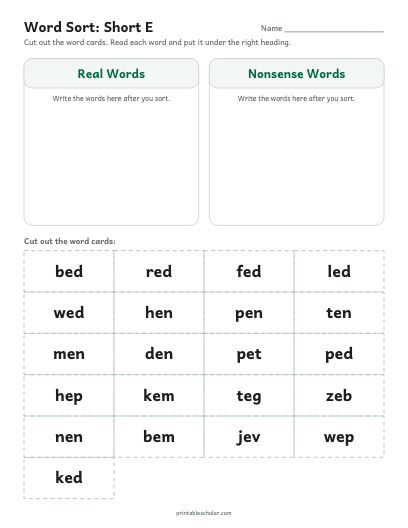 Short E word sort printable preview