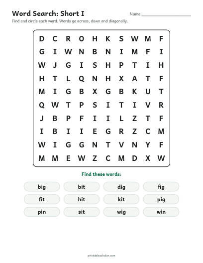 Short I word search printable preview