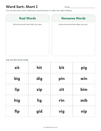 Short I word sort printable preview