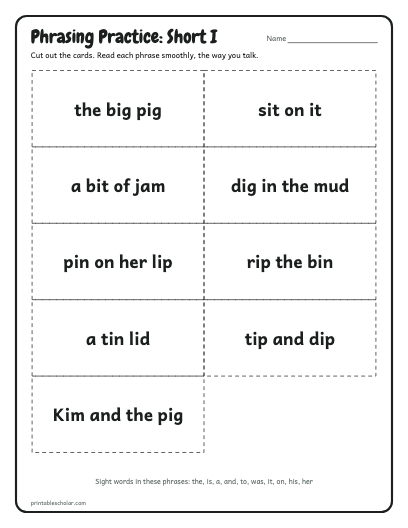 Short I phrasing cards printable preview