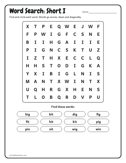 Short I word search printable preview