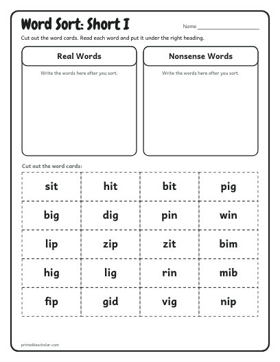 Short I word sort printable preview