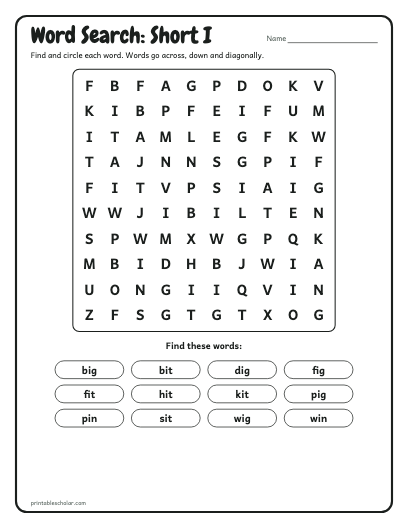 Short I word search printable preview